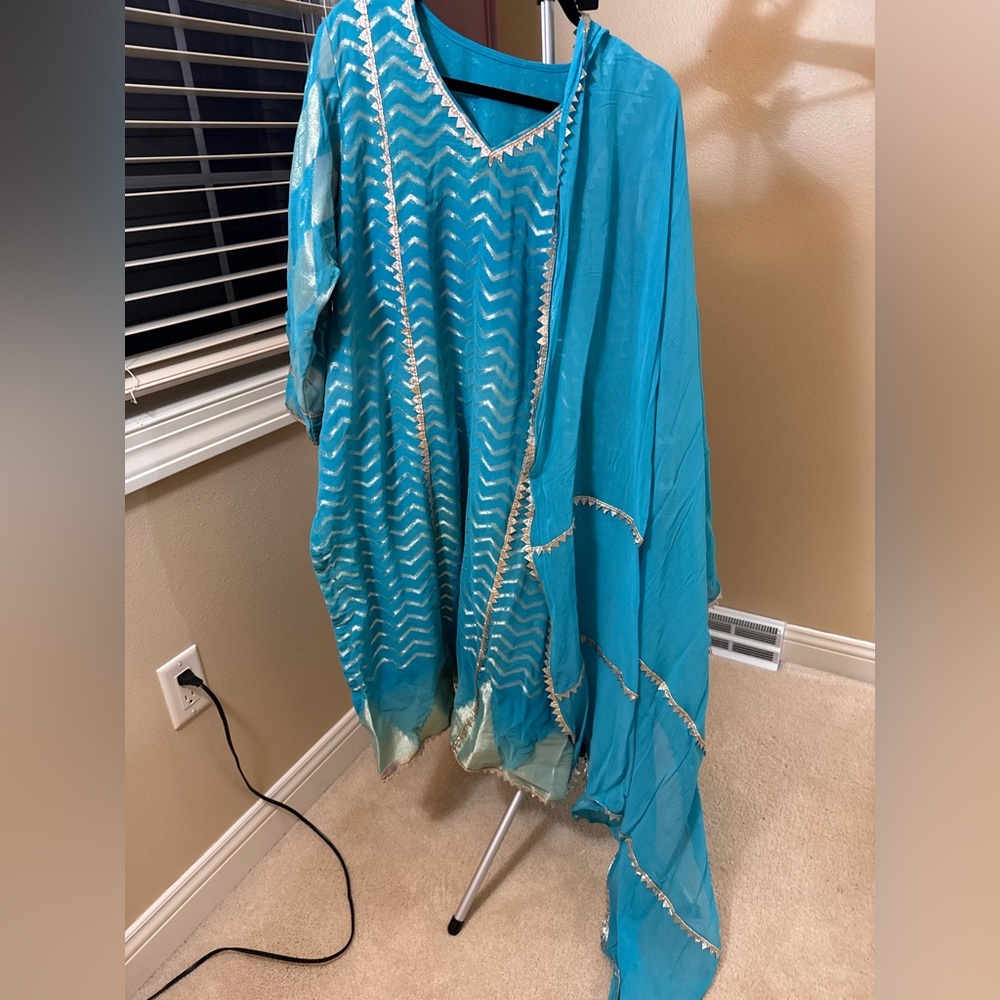 Turquoise Banarsi  Embellished Ethnic Dress with Dupatta